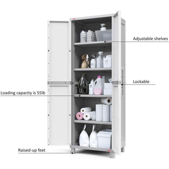 Keter Storage Cabinet with Doors and Shelves for Laundry Room, Garage, Bathroom Accessories, Closet and Home Organization, White & Grey