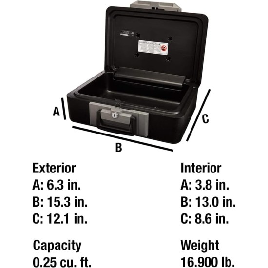 SentrySafe Fireproof Safe Box with Key Lock, Chest Safe with Carrying Handle to Secure Money, Jewelry, Documents, 0.25 Cubic Feet, 6.3 x 15.3 x 12.1 Inches, 1160