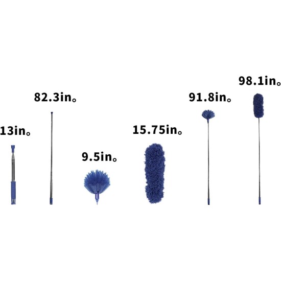 Cobweb Duster with Extension Pole, Washable Cleaning Duster Kit with 2 Duster Heads, Cobweb Duster, Corner Brush, Aluminum Telescoping Pole for Ceiling Fan (Blue)