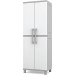 Keter Storage Cabinet with Doors and Shelves for Laundry Room, Garage, Bathroom Accessories, Closet and Home Organization, White & Grey