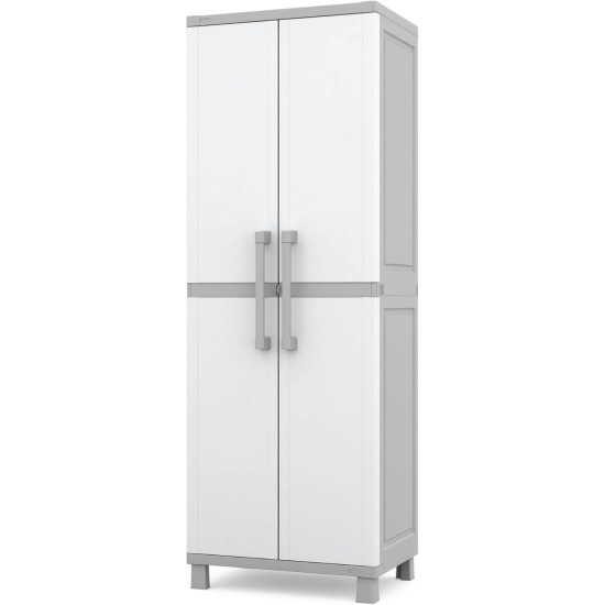 Keter Storage Cabinet with Doors and Shelves for Laundry Room, Garage, Bathroom Accessories, Closet and Home Organization, White & Grey