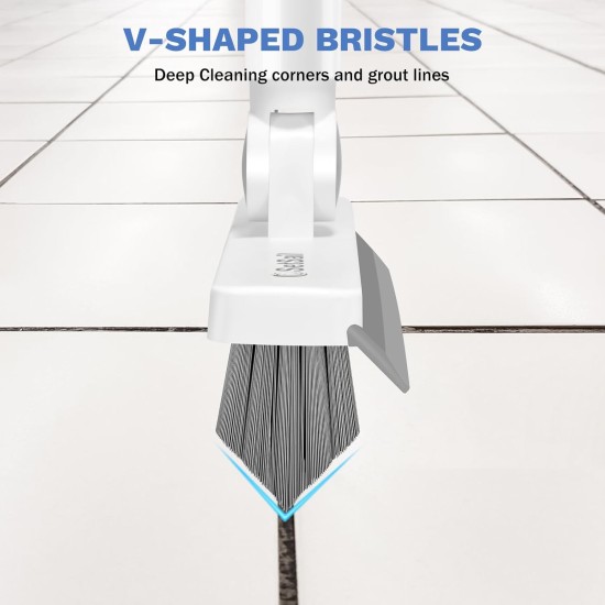 SetSail Grout Cleaner Brush with Long Handle, V-Shaped Floor Scrub Brush Swivel Grout Brush Stiff Bristle Floor Grout Scrubber for Bathroom, Tile Line, Crevice, Kitchen, Wall, Deck, Garage, White Grey