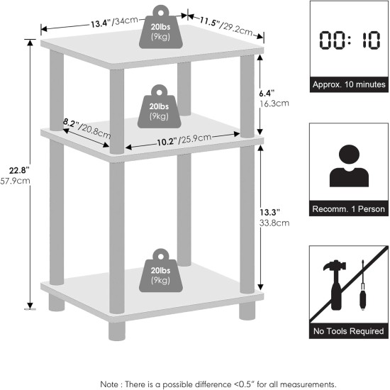 Furinno Just 3-Tier Turn-N-Tube Open Storage Nightstand, 1-Pack, Plastic Poles, Columbia Walnut/Black