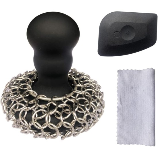 316 Upgraded Chainmail Scrubber with Silicone Handle Cast Iron Cleaner for Cast Iron Grill Pan Skillet Wok Bakeware Ergonomic to Hold Easy to Use Dishwasher Safe, Scrubber + Scraper + Towel (Black)