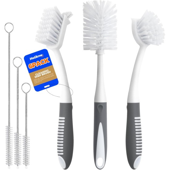 Holikme 6 Pack Dish Brush Set with Bottle Brush, Dish Scrub Brush, Pan Brush and 3 Straw Brushes, Deep Cleaning Handle Brush with Scraper Tip for Kitchen Sink Dishes Bottle Cup Pot and Pans (Gray) Holikme 6 Pack Dish Brush Set with Bottle Brush, Dish Scrub Brush, Pan Brush and 3 Straw Brushes, Deep Cleaning Handle Brush with Scraper Tip for Kitchen Sink Dishes Bottle Cup Pot and Pans (Gray)