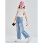 Haloumoning Girls Jeans Baggy Wide Leg Elastic High Waisted Denim Pants Y2K Boyfriend Jeans with Pockets 5-14Y Haloumoning Girls Jeans Baggy Wide Leg Elastic High Waisted Denim Pants Y2K Boyfriend Jeans with Pockets 5-14Y