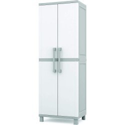 Keter Storage Cabinet with Doors and Shelves for Laundry Room, Garage, Bathroom Accessories, Closet and Home Organization, White & Grey