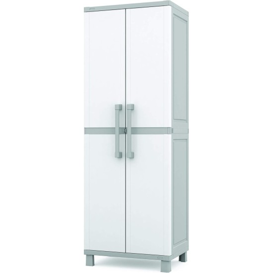 Keter Storage Cabinet with Doors and Shelves for Laundry Room, Garage, Bathroom Accessories, Closet and Home Organization, White & Grey