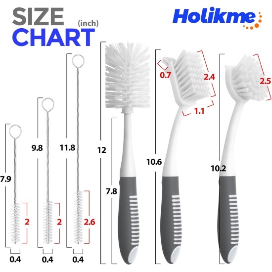 Holikme 6 Pack Dish Brush Set with Bottle Brush, Dish Scrub Brush, Pan Brush and 3 Straw Brushes, Deep Cleaning Handle Brush with Scraper Tip for Kitchen Sink Dishes Bottle Cup Pot and Pans (Gray) Holikme 6 Pack Dish Brush Set with Bottle Brush, Dish Scrub Brush, Pan Brush and 3 Straw Brushes, Deep Cleaning Handle Brush with Scraper Tip for Kitchen Sink Dishes Bottle Cup Pot and Pans (Gray)