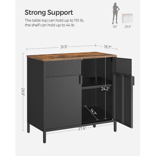SONGMICS Storage Cabinet, Metal Cabinet, Sideboard with 2 Doors, 15.7 x 31.5 x 29.9 Inches, Magnetic Closure, Adjustable Shelf, Steel Frame, Rustic Brown and Black ULSC102B01