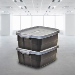 Rubbermaid 6-Pack Totes for Storage with Lids, Heavy Duty Plastic Storage Bins with Lids, Black Gray, 10 GAL - Stackable for Garage, Attic, Camping (10 GAL - 6 Pack Solid Black and Grey)