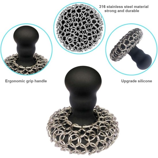 316 Upgraded Chainmail Scrubber with Silicone Handle Cast Iron Cleaner for Cast Iron Grill Pan Skillet Wok Bakeware Ergonomic to Hold Easy to Use Dishwasher Safe, Scrubber + Scraper + Towel (Black)