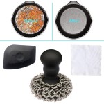 316 Upgraded Chainmail Scrubber with Silicone Handle Cast Iron Cleaner for Cast Iron Grill Pan Skillet Wok Bakeware Ergonomic to Hold Easy to Use Dishwasher Safe, Scrubber + Scraper + Towel (Black)