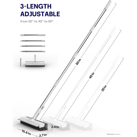 Floor Scrub Brush with Long Handle, 3 in 1 Scrape and Heavy-Duty Stiff Bristle Floor Scrubber Brush with Squeegee and Tweezer for Cleaning Tile Wall Deck Bathroom Patio Garage Kitchen (White)