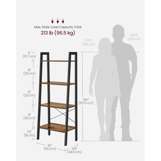 VASAGLE Ladder Shelf, 4-Tier Bookshelf, Storage Rack, Bookcase with Steel Frame, for Living Room, Home Office, Kitchen, Bedroom, Industrial Style, Rustic Brown and Ink Black ULLS44X