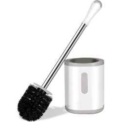 Compact Toilet Brush & Holder, Stainless Steel Handle, Space Saving for Storage, Deep Cleaning, Drip-Proof, Easy to Assemble, Nylon Bristles, White & Grey