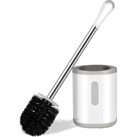 Compact Toilet Brush & Holder, Stainless Steel Handle, Space Saving for Storage, Deep Cleaning, Drip-Proof, Easy to Assemble, Nylon Bristles, White & Grey