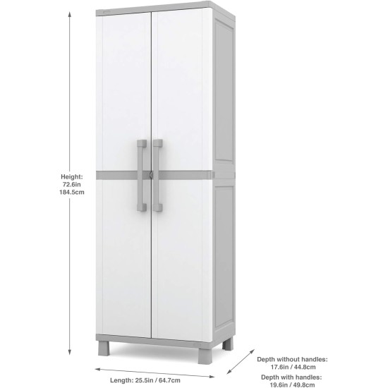 Keter Storage Cabinet with Doors and Shelves for Laundry Room, Garage, Bathroom Accessories, Closet and Home Organization, White & Grey