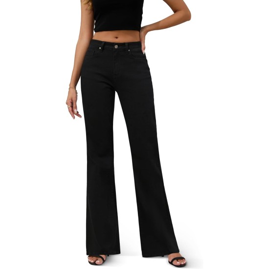 FLYING BANANA Women's High Rise Wide Leg Baggy Stretchy Loose Flare Bell Bottom Denim Jeans