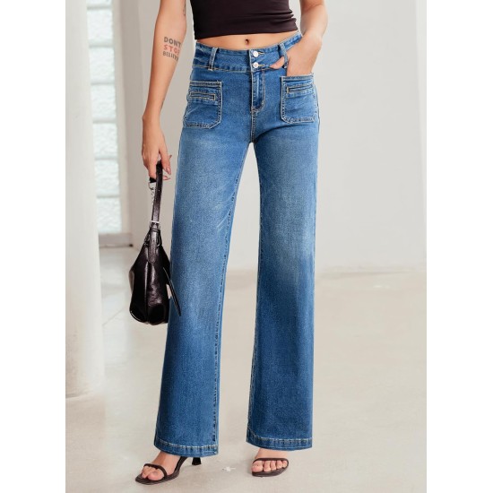 Sidefeel Women's Wide Leg Jeans High Waisted Tummy Control Stretchy Pockets Front Straight Leg Jeans Sidefeel Women's Wide Leg Jeans High Waisted Tummy Control Stretchy Pockets Front Straight Leg Jeans