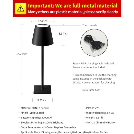 KDG 2 Pack Cordless Table Lamp, Portable LED Desk Lamps, 5000mAh Battery Operated, 3 Color Stepless Dimming Up, for Restaurant, Bedroom, Outdoor Camping, Coffee Shop, Night Light, Rechargeable (Black)