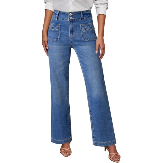 Sidefeel Women's Wide Leg Jeans High Waisted Tummy Control Stretchy Pockets Front Straight Leg Jeans Sidefeel Women's Wide Leg Jeans High Waisted Tummy Control Stretchy Pockets Front Straight Leg Jeans