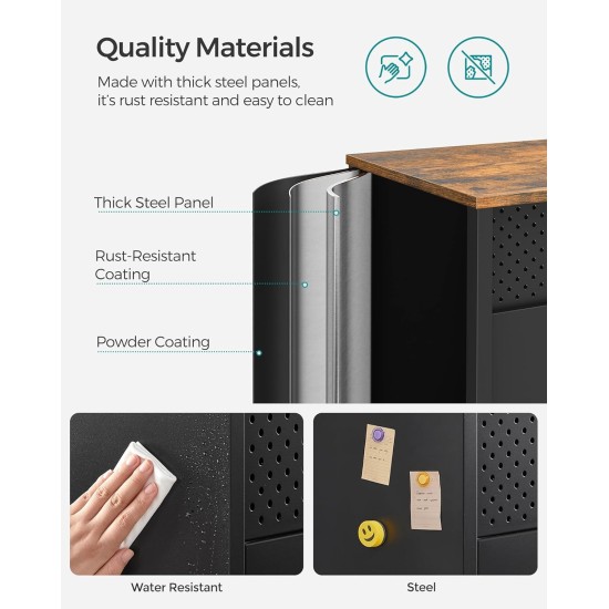 SONGMICS Storage Cabinet, Metal Cabinet, Sideboard with 2 Doors, 15.7 x 31.5 x 29.9 Inches, Magnetic Closure, Adjustable Shelf, Steel Frame, Rustic Brown and Black ULSC102B01