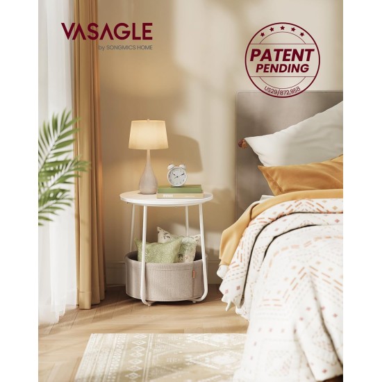 VASAGLE LILEA Collection - Small Round Side End Table, Modern Nightstand with Fabric Basket, Matte White and Camel Brown ULET223W10