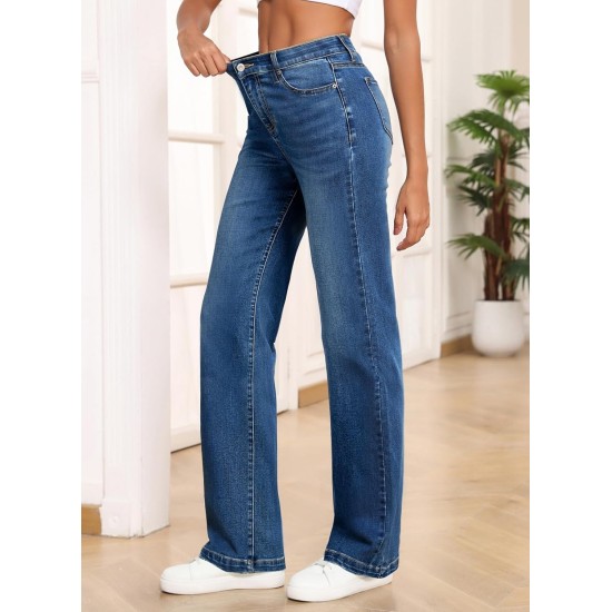 Sidefeel Women's Wide Leg Jeans High Waisted Tummy Control Stretchy Straight Leg Elastic Waist Trendy Denim Pants Sidefeel Women's Wide Leg Jeans High Waisted Tummy Control Stretchy Straight Leg Elastic Waist Trendy Denim Pants