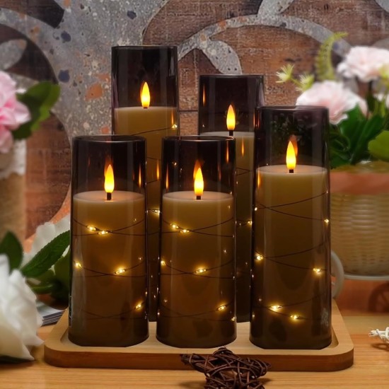 Flameless LED Candles with Timer 5 Pc Flickering Flameless Candles for Romantic Ambiance and Home Decoration Stable Acrylic Shell,with Embedded Star String,Battery Operated Candles(Grey) Flameless LED Candles with Timer 5 Pc Flickering Flameless Candles for Romantic Ambiance and Home Decoration Stable Acrylic Shell,with Embedded Star String,Battery Operated Candles(Grey)