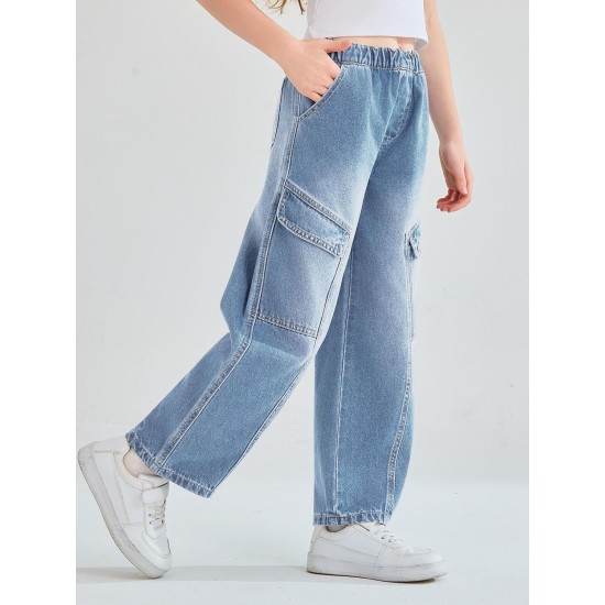 Haloumoning Girls Jeans Baggy Wide Leg Elastic High Waisted Denim Pants Y2K Boyfriend Jeans with Pockets 5-14Y Haloumoning Girls Jeans Baggy Wide Leg Elastic High Waisted Denim Pants Y2K Boyfriend Jeans with Pockets 5-14Y