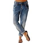Flamingals Women's Stretchy Straight Leg Casual Mid Rise Jeans Wash Button Fly Stitch Detail 90s Trendy Denim Jeans