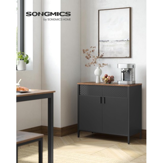 SONGMICS Storage Cabinet, Metal Cabinet, Sideboard with 2 Doors, 15.7 x 31.5 x 29.9 Inches, Magnetic Closure, Adjustable Shelf, Steel Frame, Rustic Brown and Black ULSC102B01