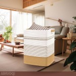 Laundry Hamper Large Laundry Basket with Leather Handles, Decorative Storage Cotton Rope Woven Basket for Blankets, Clothes Hamper for Living Room, Jute & White, 85L