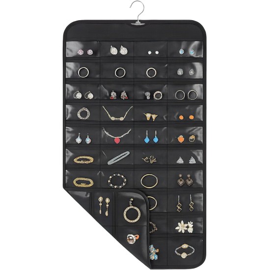 1 Pack Hanging Jewelry Organizer, 80 Clear Pockets earring organizer and storage, Accessories holder organizer for Closet, Jewelries, Necklace, Travel