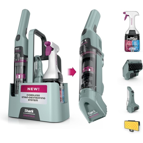 Shark StainForce Cordless Portable Spot, Stain, & Odor Remover System for Carpets, Area Rugs, Upholstery, Stairs, with Storage Caddy, Accessories, and Full-Size Cleaning Solution, HX101 (New)