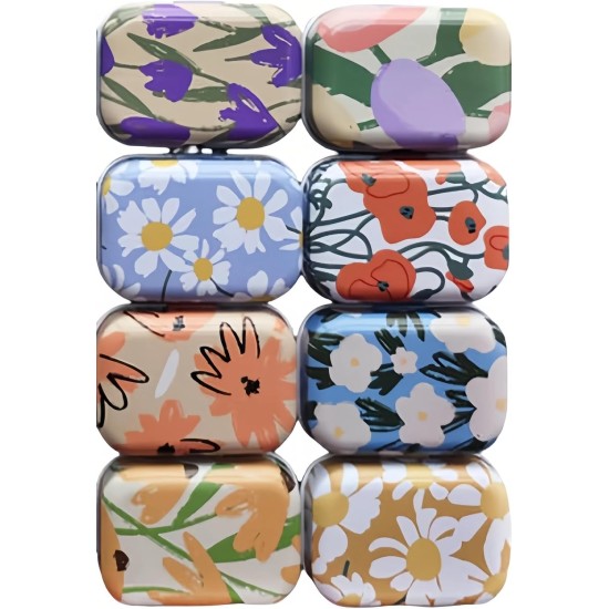8Pcs Metal Hinged Tin Box Container Floral Farmhouse Rustic Mini Portable Small Storage Container Kit with Lid for Home Storage 2.1x1.5x1 Inch (White)