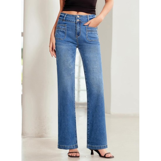 Sidefeel Women's Wide Leg Jeans High Waisted Tummy Control Stretchy Pockets Front Straight Leg Jeans Sidefeel Women's Wide Leg Jeans High Waisted Tummy Control Stretchy Pockets Front Straight Leg Jeans