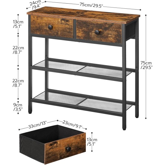 HOOBRO 29.5" Narrow Console Table with 2 Fabric Drawers, Sofa Table, Small Entryway Table with 3-Tier Storage Shelves, Behind Couch Table, for Living Room, Hallway, Rustic Brown and Black BF72XG01
