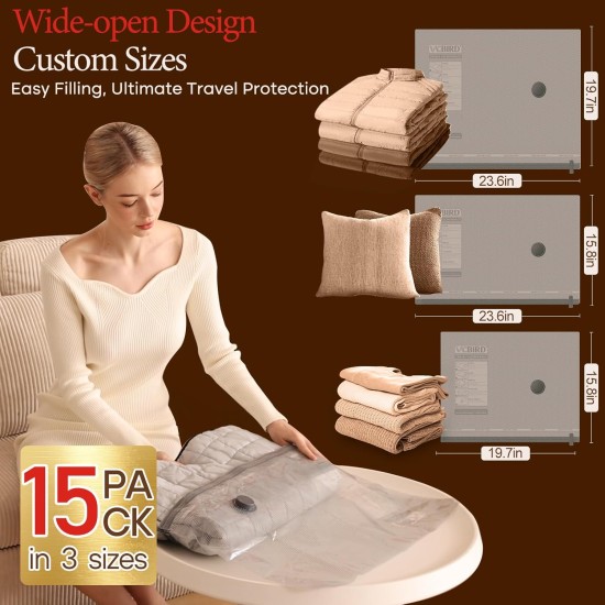 Vacuum Bags for Travel with Rechargeable air Pump, Carry-on Size Compression Packing Bags for Luggage and Suitcase, Space Saver for Clothes and Clothing 15 Combo Travel Size