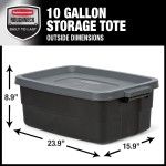 Rubbermaid 6-Pack Totes for Storage with Lids, Heavy Duty Plastic Storage Bins with Lids, Black Gray, 10 GAL - Stackable for Garage, Attic, Camping (10 GAL - 6 Pack Solid Black and Grey)