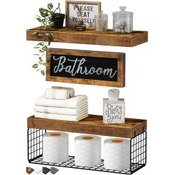 QEEIG ‎Bathroom Shelves Over Toilet - Paper Storage Wall Mounted Farmhouse Decor Decorations Aesthetic Décor Sign Small Floating Shelf 2+1 Set 16 inch, Rustic Brown (020BN)