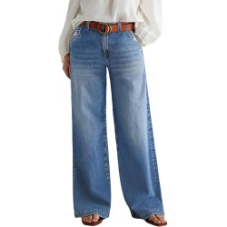 Flamingals Wide Leg Jeans for Women Mid Waist Baggy Stitch Decor Denim Washed Pants Without Belt