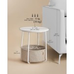 VASAGLE LILEA Collection - Small Round Side End Table, Modern Nightstand with Fabric Basket, Matte White and Camel Brown ULET223W10