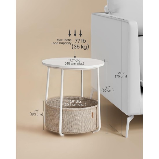 VASAGLE LILEA Collection - Small Round Side End Table, Modern Nightstand with Fabric Basket, Matte White and Camel Brown ULET223W10