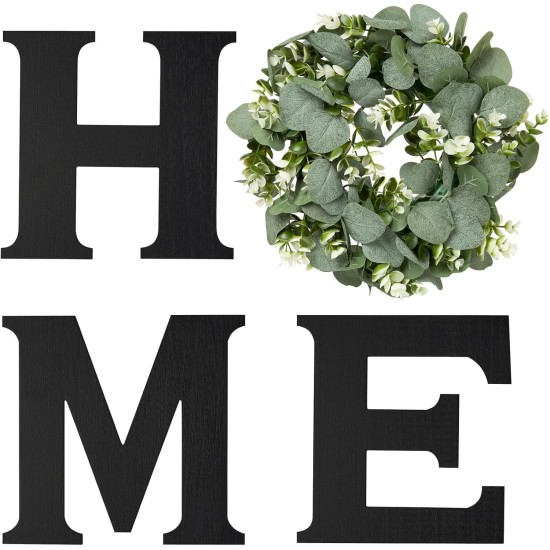 Mkono Farmhouse Wall Home Sign with Artificial Eucalyptus for O Rustic Wooden Hanging Letters Decorative Wall Art Decor for Living Room Kitchen Entryway Housewarming Gift, Black