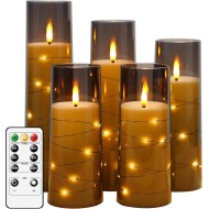 Flameless LED Candles with Timer 5 Pc Flickering Flameless Candles for Romantic Ambiance and Home Decoration Stable Acrylic Shell,with Embedded Star String，Battery Operated Candles（Grey）