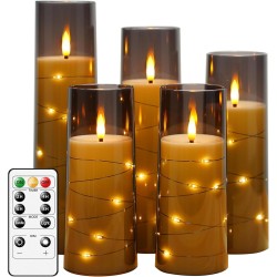 Flameless LED Candles with Timer 5 Pc Flickering Flameless Candles for Romantic Ambiance and Home Decoration Stable Acrylic Shell,with Embedded Star String，Battery Operated Candles（Grey）