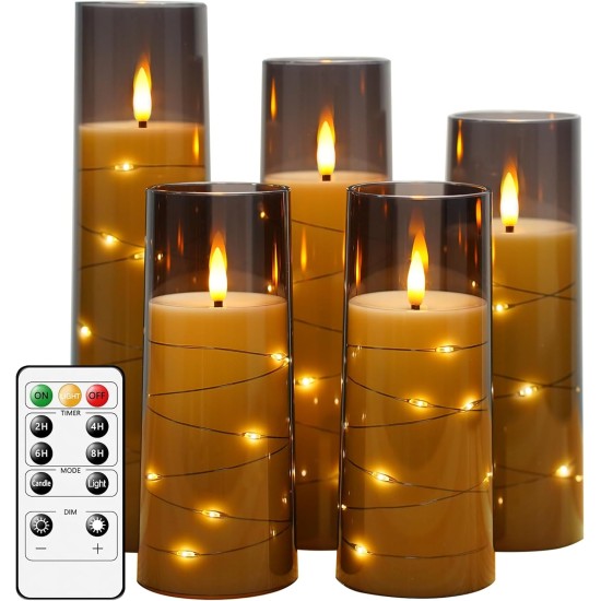 Flameless LED Candles with Timer 5 Pc Flickering Flameless Candles for Romantic Ambiance and Home Decoration Stable Acrylic Shell,with Embedded Star String,Battery Operated Candles(Grey) Flameless LED Candles with Timer 5 Pc Flickering Flameless Candles for Romantic Ambiance and Home Decoration Stable Acrylic Shell,with Embedded Star String,Battery Operated Candles(Grey)