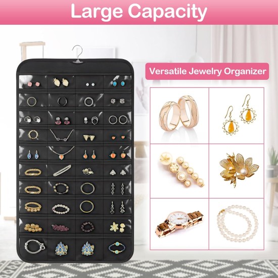 1 Pack Hanging Jewelry Organizer, 80 Clear Pockets earring organizer and storage, Accessories holder organizer for Closet, Jewelries, Necklace, Travel